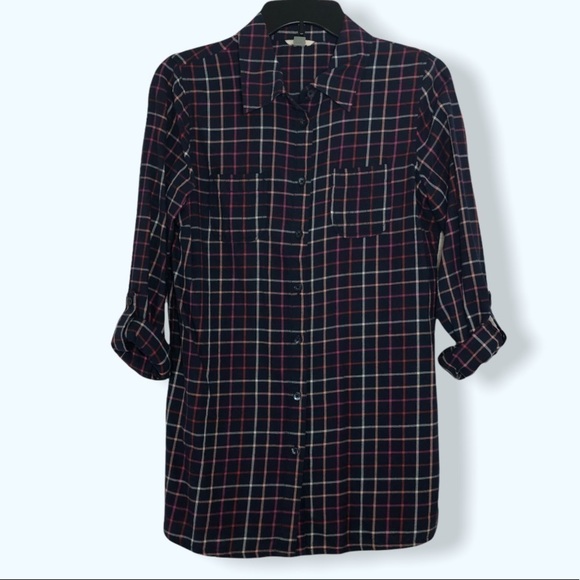 Fossil Plaid Tab-Sleeve Button Down Top Sz Sm - Picture 1 of 5
